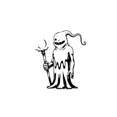 Enigmatic specter wielding mystical staff in a captivating monochrome illustration perfect for halloween projects and spooky themes