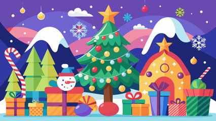 Whimsical christmas scene with snowman decorated tree and gifts