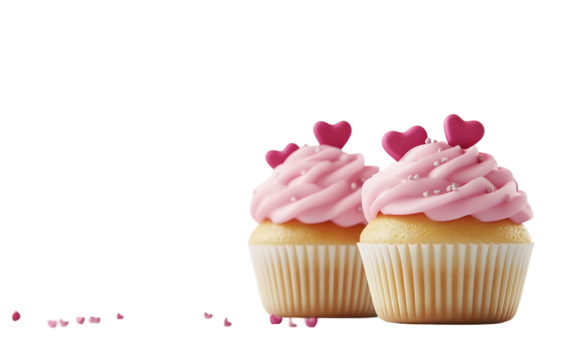 Assorted cupcakes creatively styled with heart shapes and vibrant icing in a celebration of love and sweetness isolated on transparent background PNG