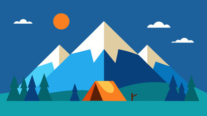 Stylized flat illustration of a tent pitched in front of snow capped mountains under a blue sky