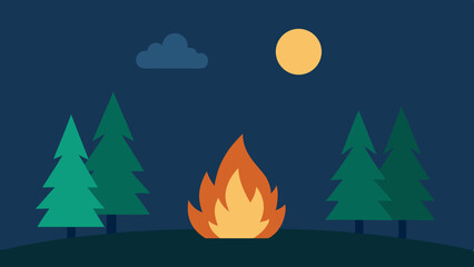 Flat design illustration of a campfire at night with trees and moon
