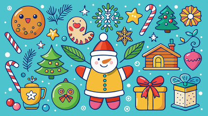 Fototapeta premium Cute christmas illustrations with snowman gingerbread man candy canes and presents