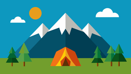Flat design illustration of a camping tent in a mountain landscape with trees and sun