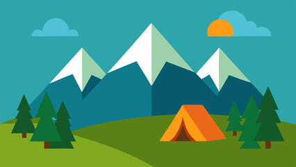Flat design illustration of a camping tent pitched in a grassy meadow with snow capped mountains