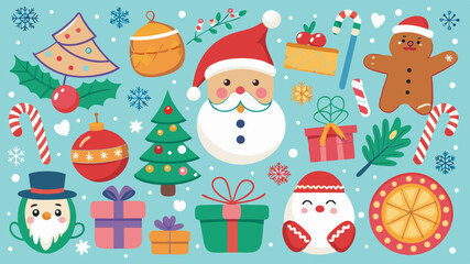 Collection of cute christmas characters and ornaments on a light blue background