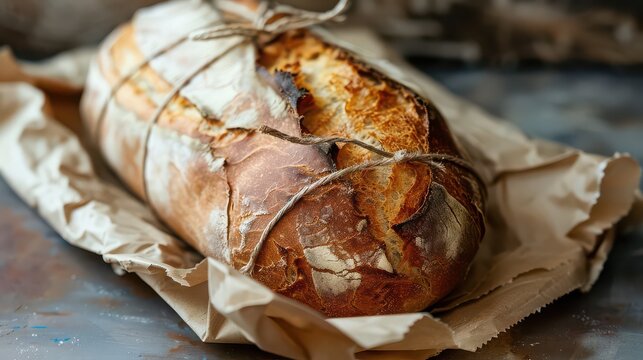 A loaf of bread wrapped in paper and tied with string sitting on a gray surface in a close up shot