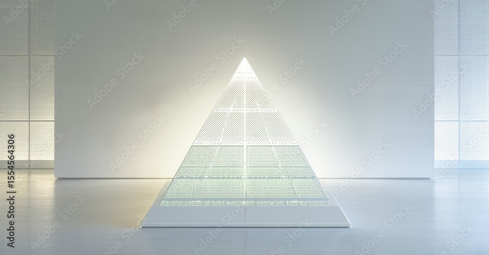 Poster minimalist pyramid sculpture dominates bright, spacious gallery. clean lines, white surfaces create 