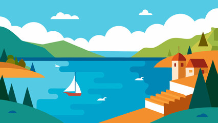 Flat design illustration of a serene lake with a sailboat and coastal village