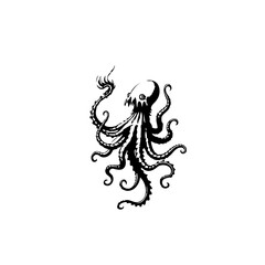 Fototapeta premium A black and white illustration of a sinister octopus with menacing eyes and tentacles that swirl and creep