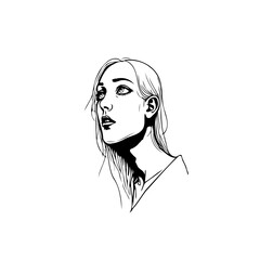 Elegant monochrome portrait of a woman with flowing hair gazing upwards with hopeful anticipation and reflection