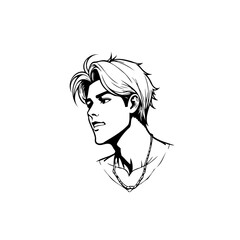 Monochrome portrait of a stylish young man with modern haircut looking away thoughtfully and wearing necklace