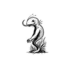 A whimsical creature illustration in black and white showcasing fantastical beings in unique and intriguing style