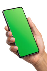 Smartphone with green screen held in hand on transparent background