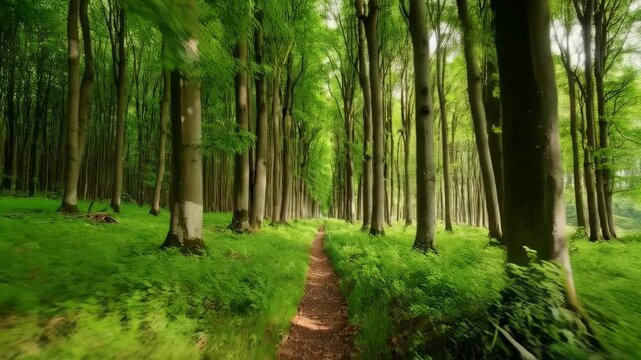 Narrow dirt footpath winds through dense forest of tall trees with lush green foliage and abundant ground cover, perspective view leading deeper into the woods