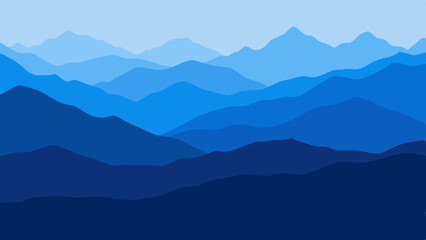 Layered blue mountain range silhouette against a pale sky background
