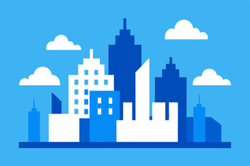 Modern minimalist cityscape with blue and white buildings under a bright blue sky with clouds