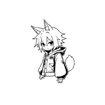 A charming anime character with wolf ears and tail in a jacket illustration perfect for anime lovers
