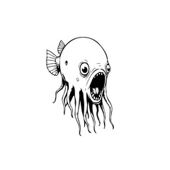 A bizarre creature: An amalgamation of fish and octopus in black and white drawing style illustration