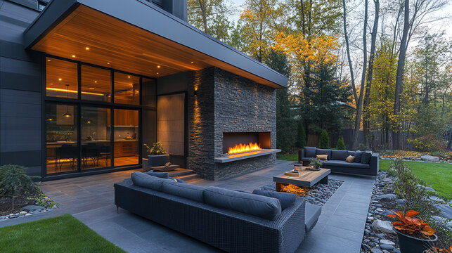 outdoor covered lounge with modern fireplace, cozy seating, luxury patio design, evening ambiance 