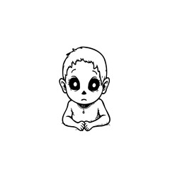 Black and white illustration of a child with big eyes displaying a sad expression and simple artwork