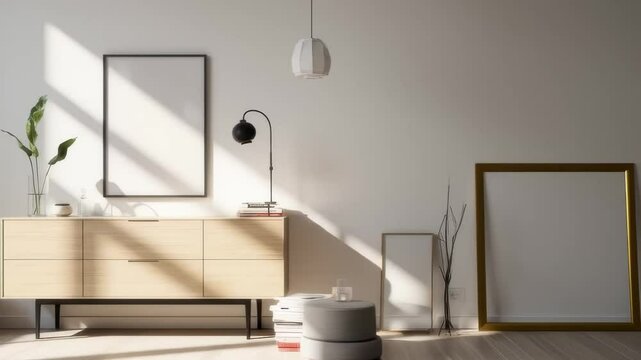 Minimalist Room Interior with Natural Light. The image depicts a bright, minimalist room interior. The scene is soft and slightly out of focus, creating a dreamlike or serene atmosphere. 