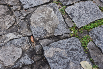 Fototapeta premium Texture of a street pavement with square and rectangular stones. Geometric pattern. Background. Abstract. Copy space.