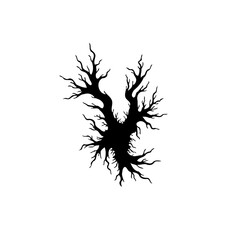 Isolated silhouette of an ancient spooky tree with leafless branches set against a blank backdrop that inspires fear