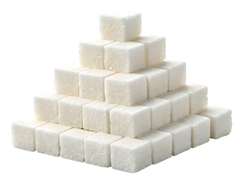Pyramid of white sugar cubes on transparent background