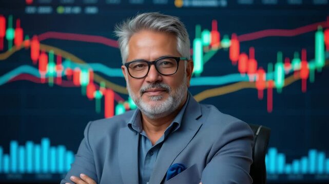 Financial gurus concept, Confident businessman showcases finance and investment success with stock market charts and professional