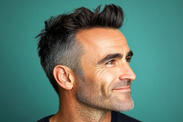 Fototapeta premium A confident and radiant gentleman embracing his look. Idea of style for aging men. Green solid background. Elegant men's mid fade haircut - midlife white man with black hair.