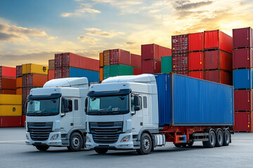 Export and logistics concept with cargo trucks in warehouse container yard industrial background