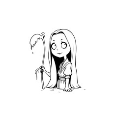 Cute anime grim reaper girl with scythe illustration showing a fantasy death character concept. A digital graphic