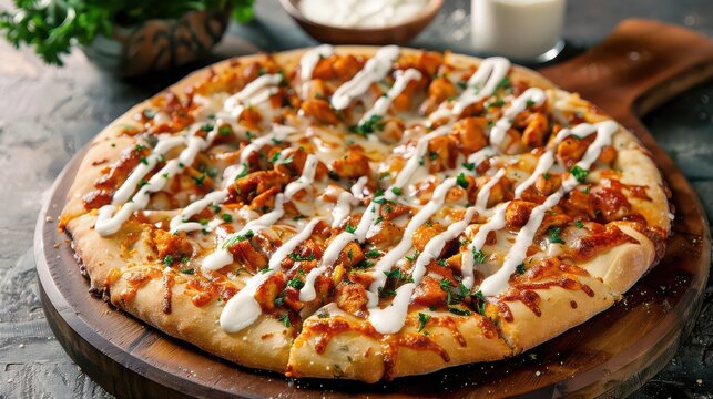 A buffalo chicken pizza with a white sauce drizzle on a wooden board with parsley garnish on top