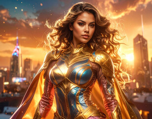 Epic Fantasy Movie Poster of a female superhero within a futuristic city