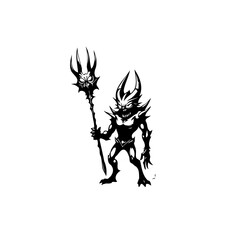 Stylized black and white illustration of a horned demon wielding a menacing trident fantasy creature