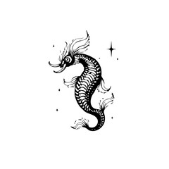 Intricate mythical sea creature illustration in black and white for fantasy illustration design