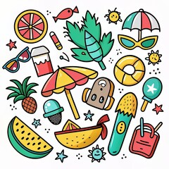 Hand Drawn Summer Doodle Elements - Stickers or Tropical Theme