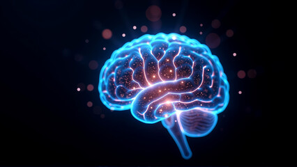 Neon brain illustration, glowing neural connections in vibrant colors, symbolizes innovation and creativity, suitable for tech themes.