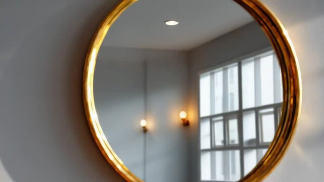 Elegant round mirrors with gold frames and sunlight shadows on a gray wall background