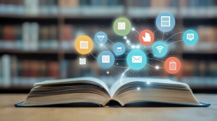 An open book surrounded by digital icons symbolizing the of technology in the educational and academic realms facilitating the sharing of knowledge and information