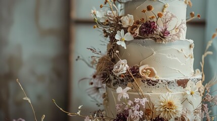 A three tier wedding cake decorated with flowers and greenery in a soft and elegant style setting