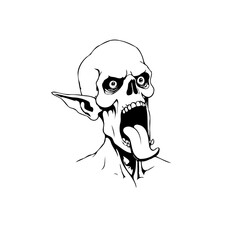Creepy zombie with grotesque facial features and twisted expression line art drawing in black and white illustration