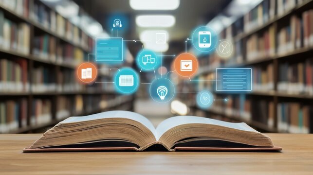 An open book resting on a desk surrounded by digital icons and technology symbols representing the of traditional learning and modern digital resources in a library or educational setting