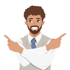 Businessman crosses his arms and points both fingers outward, suggesting multiple choices. Flat Vector character illustration
