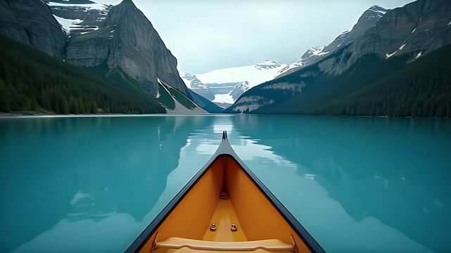 First-Person Perspective of Canoeing on a Turquoise Lake with a Glacier and Mountain Vista in Jostedalsbreen National Park, Norway