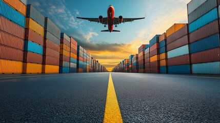 Cargo plane flying over container port for global logistics and international shipping business concept