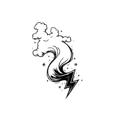 Stylized cloud with a lightning bolt illustration captures power of nature and weather elements in vintage drawing