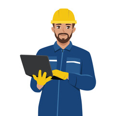 Engineer Wearing Safety Gear Working on Laptop. Flat Vector character illustration