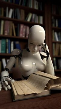 Robot Quickly Reading a Book in a Library, Visualization of Artificial Intelligence Learning Process. Conceptual 3d Animation