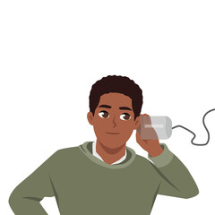 Man in green hoodie is using a tin can phone, symbolizing playful or old fashioned communication. Flat Vector character illustration
